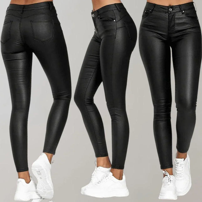 Women's High-Waisted Skinny Trousers Coated Finish Stretch Fit