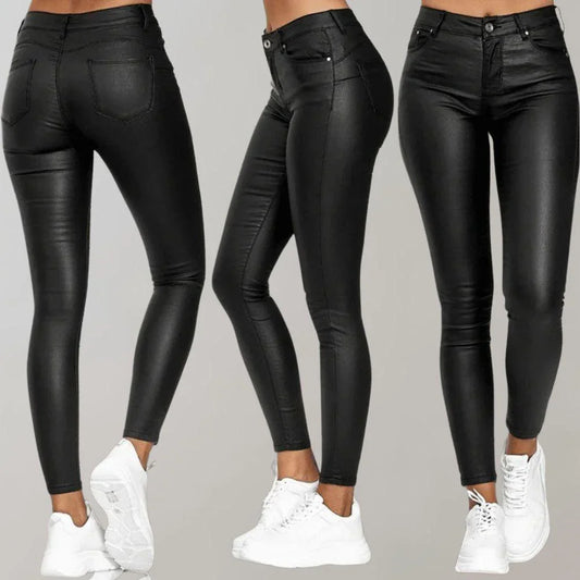 Women's High-Waisted Skinny Trousers Coated Finish Stretch Fit