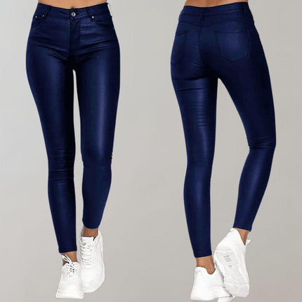 Women's Skinny Trousers Coated Finish High-Waisted Stretch Fit Ankle Length