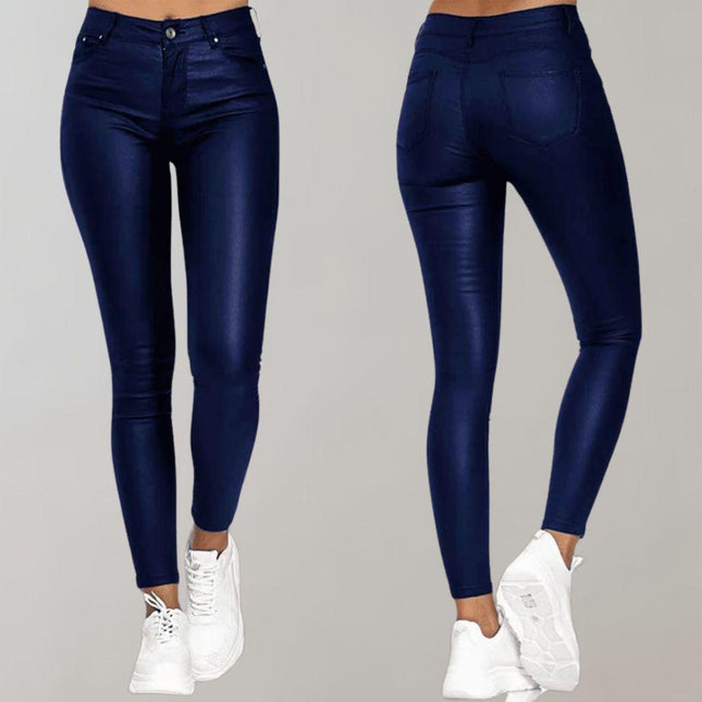 Women's Skinny Trousers Coated Finish High-Waisted Stretch Fit Ankle Length
