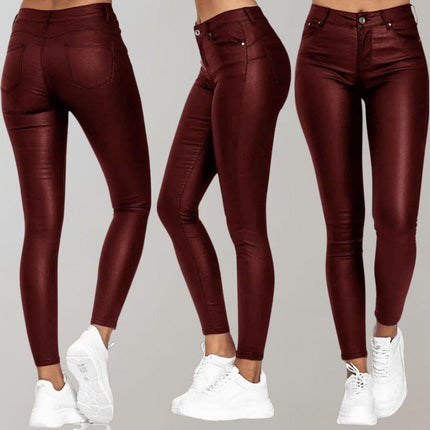 Women's Skinny Trousers Coated Finish High-Waisted Stretch Fit Ankle Length