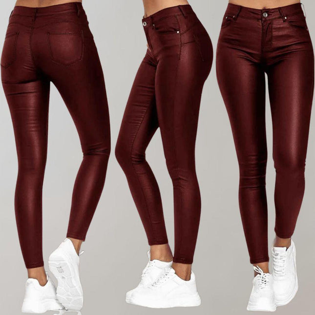 Women's Skinny Trousers Coated Finish High-Waisted Stretch Fit Ankle Length
