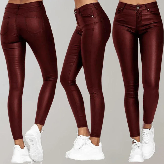 Women's High-Waisted Skinny Trousers Coated Finish Stretch Fit