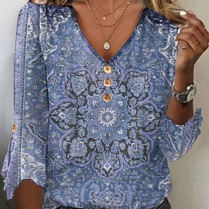 Women's V-Neck Floral Blouse with Flowing Sleeves