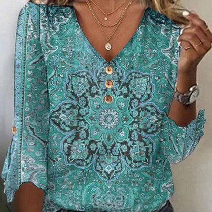 Women's V-Neck Floral Blouse with Flowing Sleeves