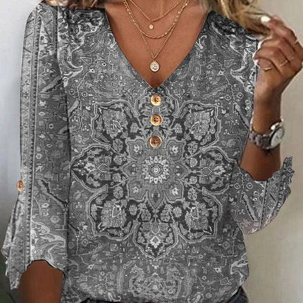 Women's V-Neck Floral Blouse with Flowing Sleeves