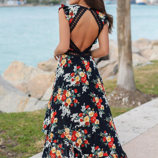Women’s Maxi Dress - Sleeveless Flutter Sleeve - Lace Back - Tiered Flowy Skirt