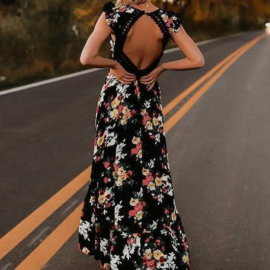 Women’s Maxi Dress - Sleeveless Flutter Sleeve - Lace Back - Tiered Flowy Skirt