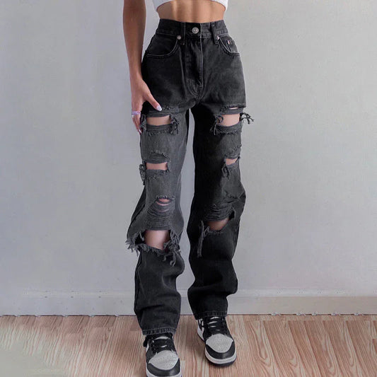 Women's Ripped Denim Jeans with Raw Hem