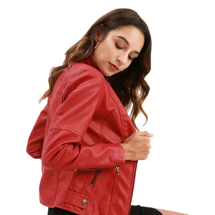 Women's Leather Jacket Fitted Design Band Collar Zip Closure