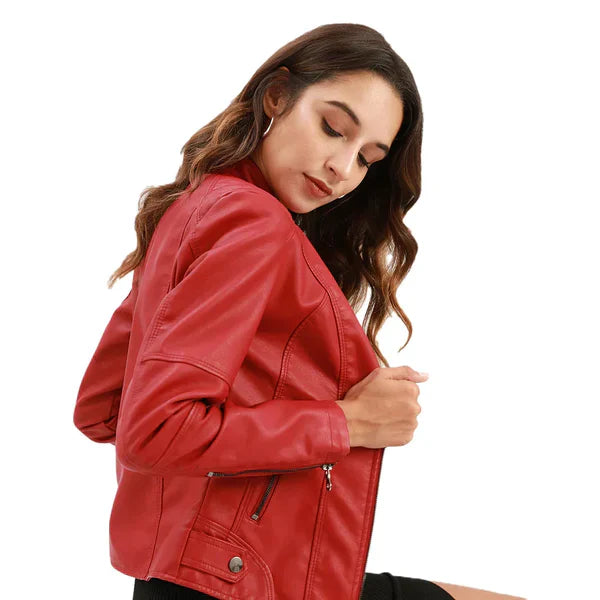 Women's Leather Jacket Fitted Design Band Collar Zip Closure