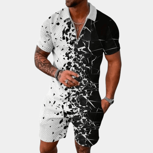 Men’s Short Sleeve Geometric Pattern Set with Zip Closure