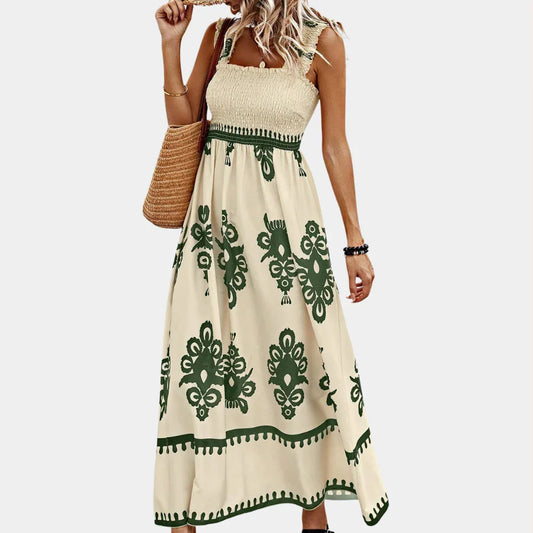 Women's Maxi Dress - Smocked Bodice - A-Line Flowing Fit - Square Neck Wide Straps