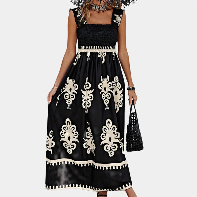 Women's Maxi Dress - Smocked Bodice - A-Line Flowing Fit - Square Neck Wide Straps