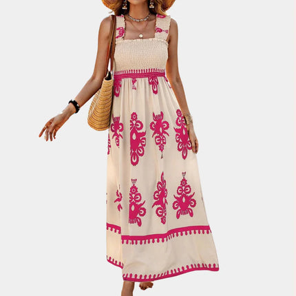 Women's Maxi Dress - Smocked Bodice - A-Line Flowing Fit - Square Neck Wide Straps