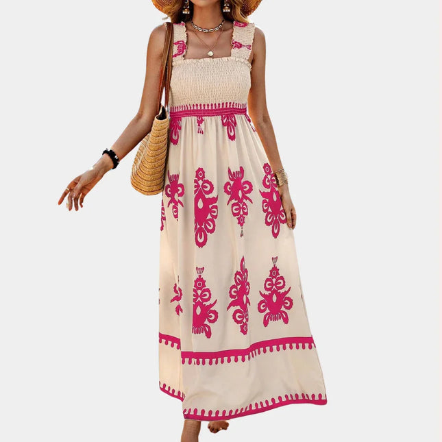 Women's Maxi Dress - Smocked Bodice - A-Line Flowing Fit - Square Neck Wide Straps