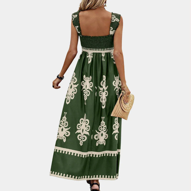 Women's Maxi Dress - Smocked Bodice - A-Line Flowing Fit - Square Neck Wide Straps