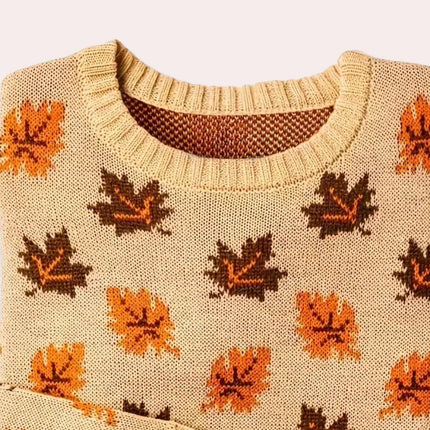 Women's Knitted Sweater Leaf Pattern Long Sleeve Round Neck
