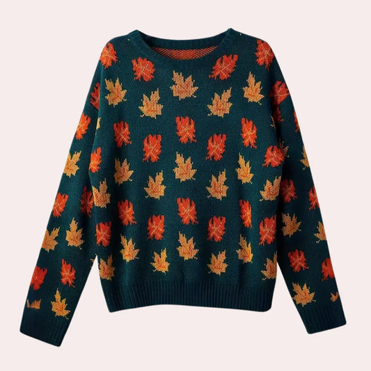 Women's Knitted Sweater Leaf Pattern Long Sleeve Round Neck
