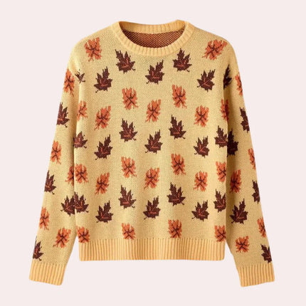 Women's Knitted Sweater Leaf Pattern Long Sleeve Round Neck