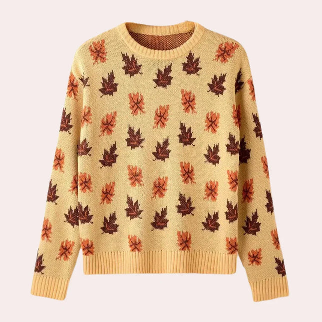 Women's Knitted Sweater Leaf Pattern Long Sleeve Round Neck