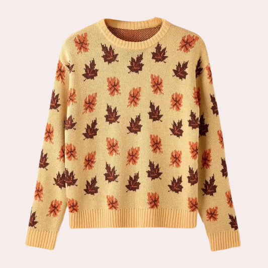 Women's Knitted Sweater Leaf Pattern Long Sleeve Round Neck