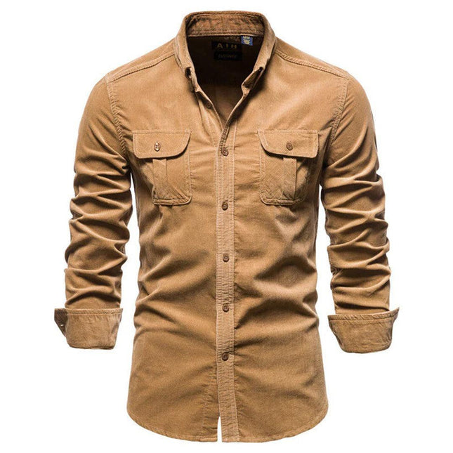 Men’s Corduroy Button-Down Shirt with Long Sleeves and Chest Pockets