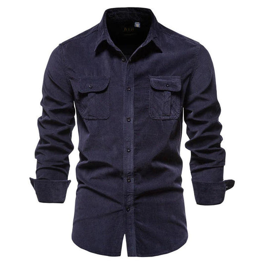 Men’s Corduroy Button-Down Shirt with Long Sleeves and Chest Pockets