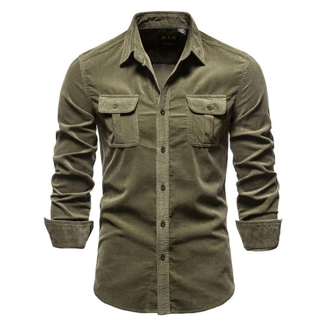 Men’s Corduroy Button-Down Shirt with Long Sleeves and Chest Pockets