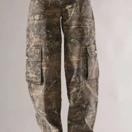 Camouflage cargo pants on a plain background