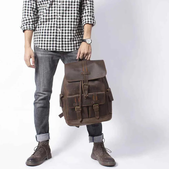Men's Leather Backpack with Buckle Strap