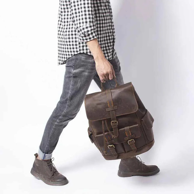 Men's Leather Backpack with Buckle Strap