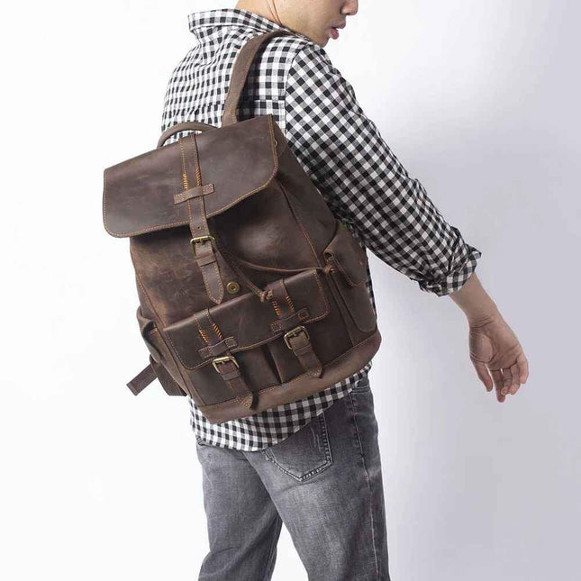 Men's Leather Backpack with Buckle Strap