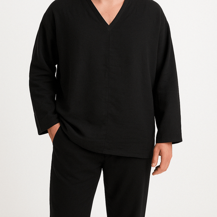 Men’s V-Neck Linen Shirt Long Sleeve Relaxed Fit