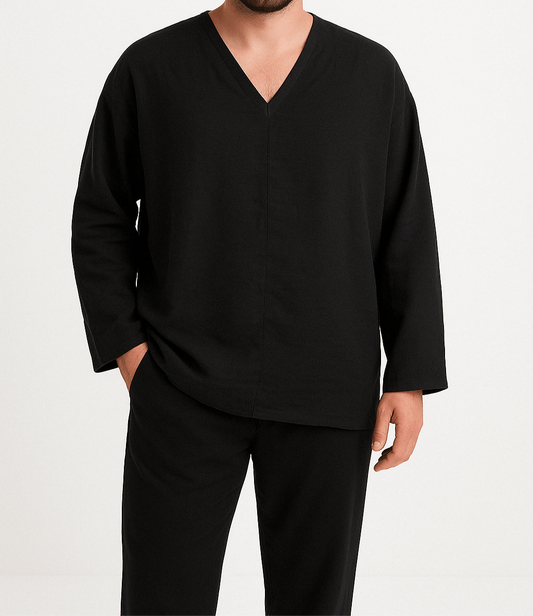 Men’s V-Neck Linen Shirt Long Sleeve Relaxed Fit