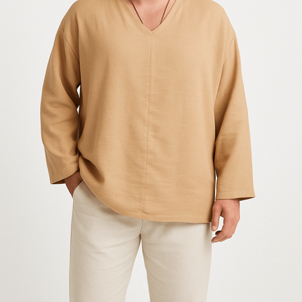 Men’s V-Neck Linen Shirt Long Sleeve Relaxed Fit