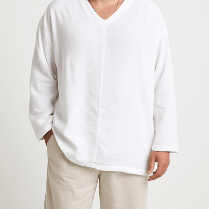 Men’s V-Neck Linen Shirt Long Sleeve Relaxed Fit