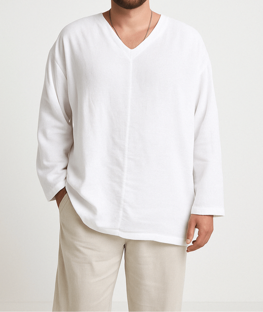 Men’s V-Neck Linen Shirt Long Sleeve Relaxed Fit