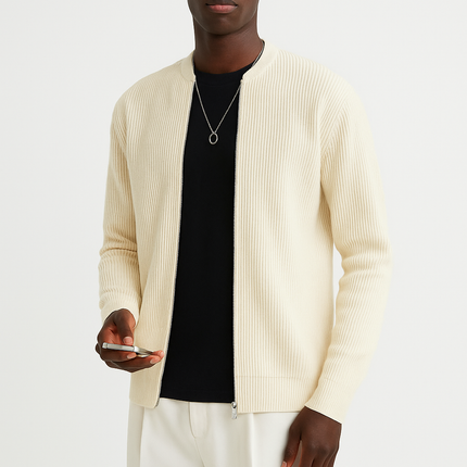 Men's Ribbed Knit Cardigan with Double Zipper and Relaxed Fit