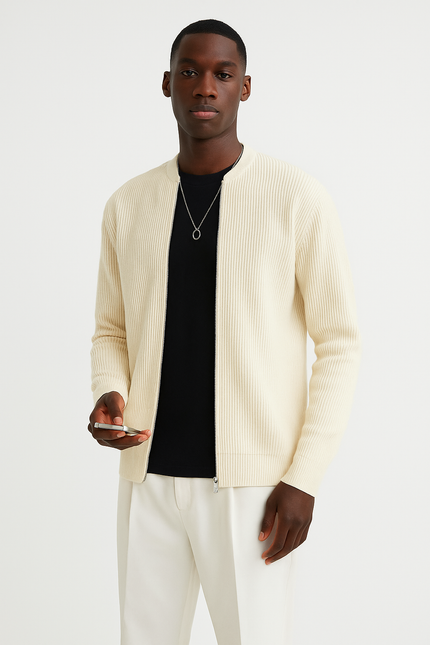 Men's Ribbed Knit Cardigan with Double Zipper and Relaxed Fit
