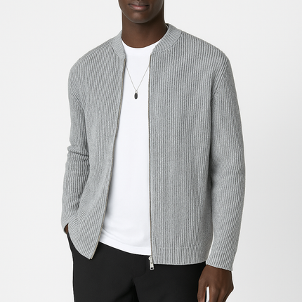 Men's Ribbed Knit Cardigan with Double Zipper and Relaxed Fit