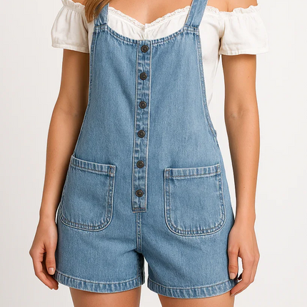 Woman wearing a denim overall romper on a white background