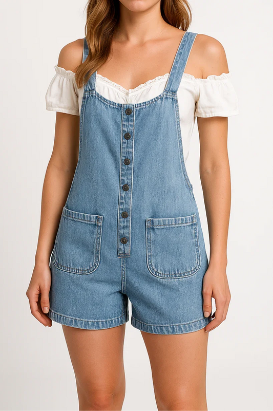 Woman wearing a denim overall romper on a white background