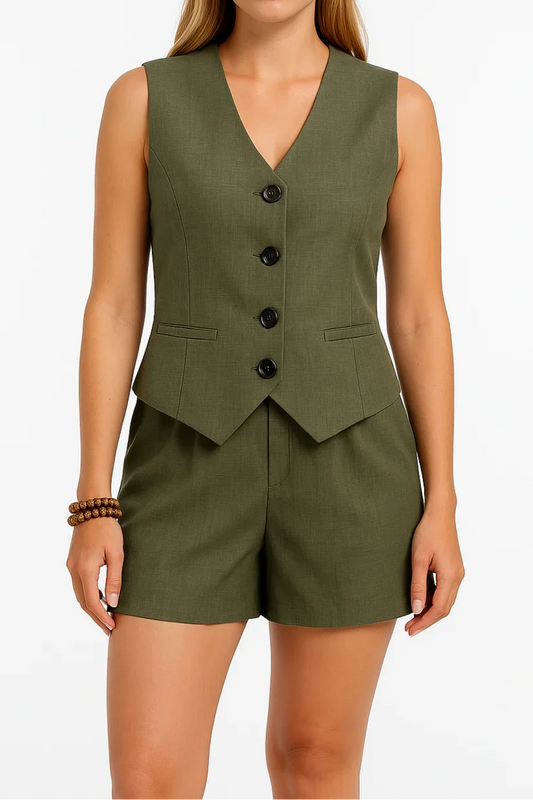 Woman wearing a green vest and shorts set on a white background