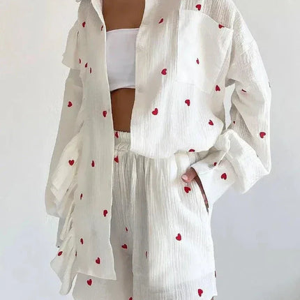 Women's Ruffled Sleeve Co-ord Set - Button-Down Blouse & High-Waisted Shorts