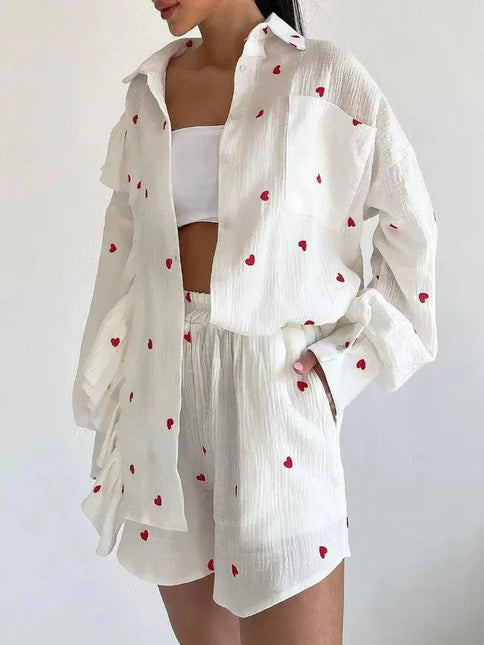 Women's Ruffled Sleeve Co-ord Set - Button-Down Blouse & High-Waisted Shorts