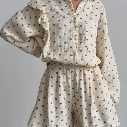 Women's Ruffled Sleeve Co-ord Set - Button-Down Blouse & High-Waisted Shorts
