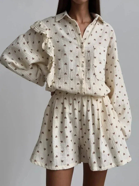 Women's Ruffled Sleeve Co-ord Set - Button-Down Blouse & High-Waisted Shorts