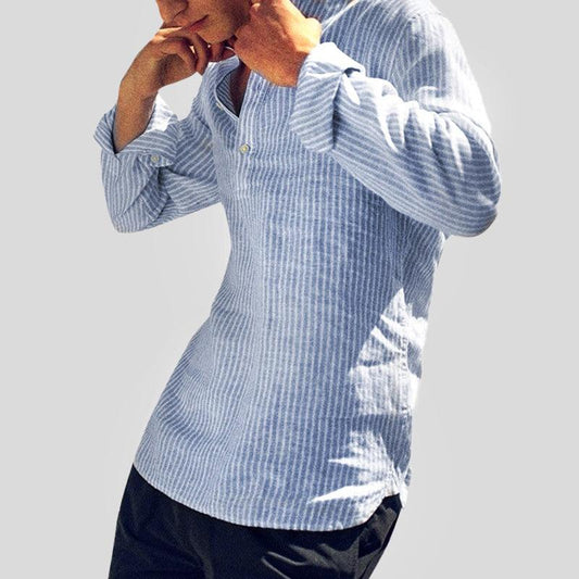 Men's Long Sleeve Henley Shirt Cotton Linen Blend Striped