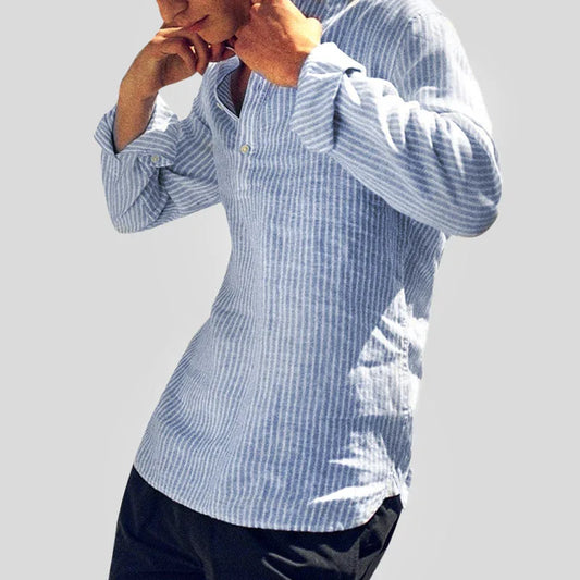 Men’s Long Sleeve Henley Shirt Cotton Linen Blend Striped